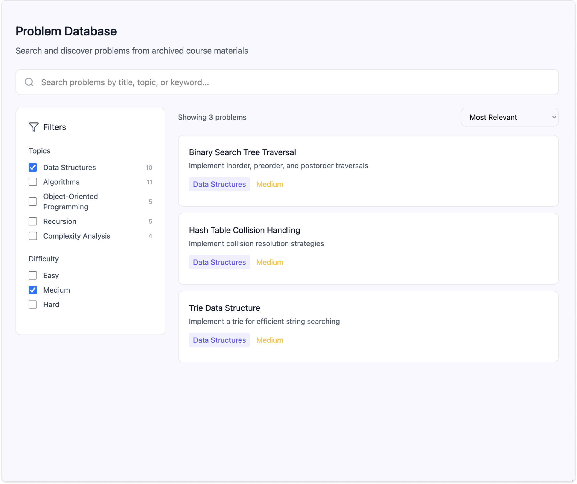 problem database with filters